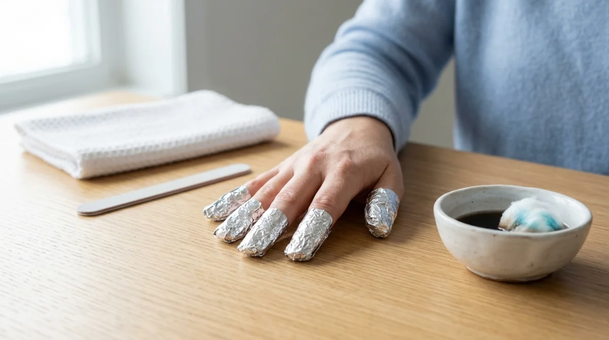 Main féminine avec des papillotes en aluminium sur les ongles pour enlever du vernis gel à la maison.