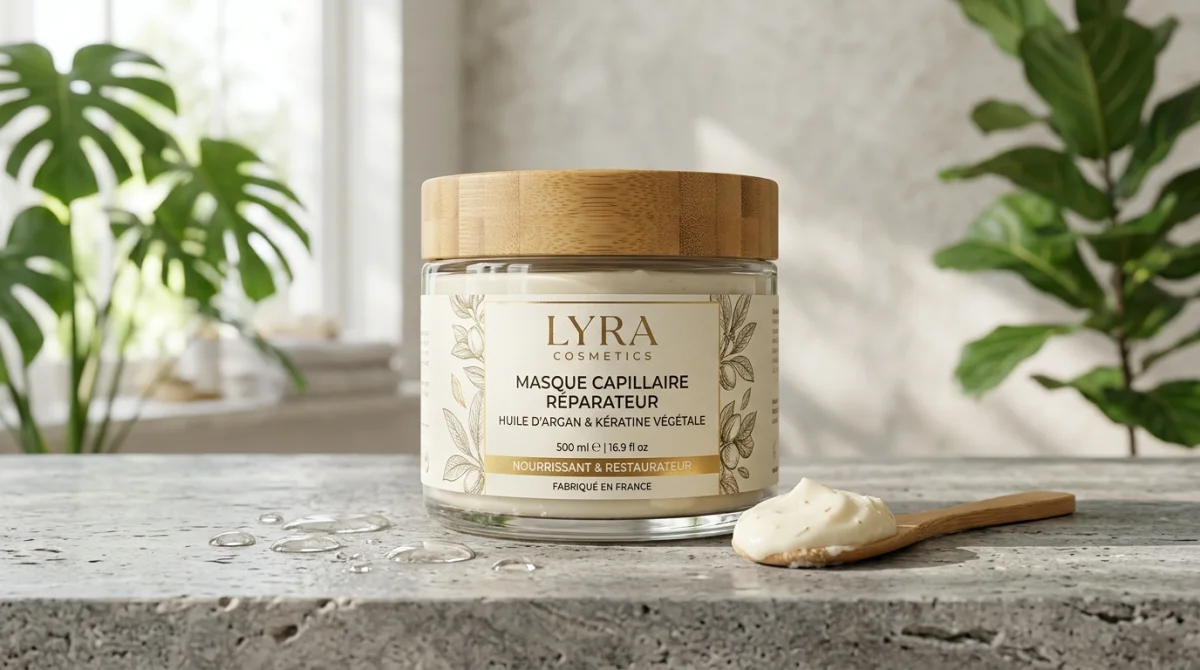 Pot de masque capillaire Lyra Cosmetics sur pierre naturelle dans un spa minimaliste, idéal pour un avis produit.