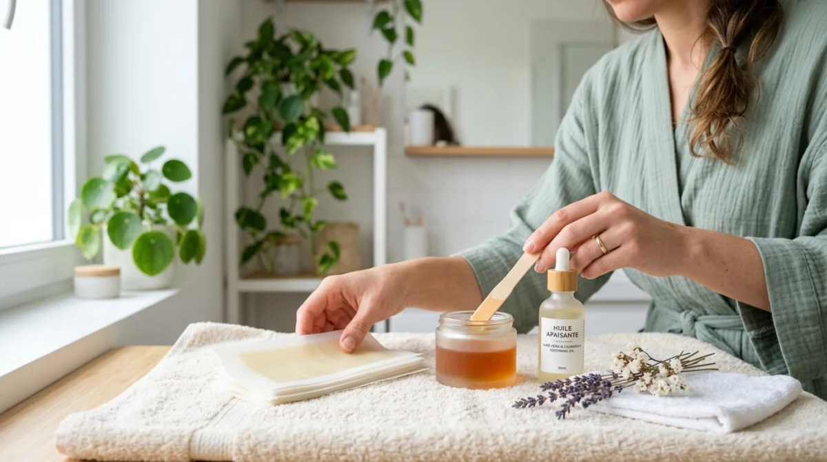 Nécessaire d'épilation avec cire et spatule sur une serviette pour apprendre comment épiler le maillot sereinement.