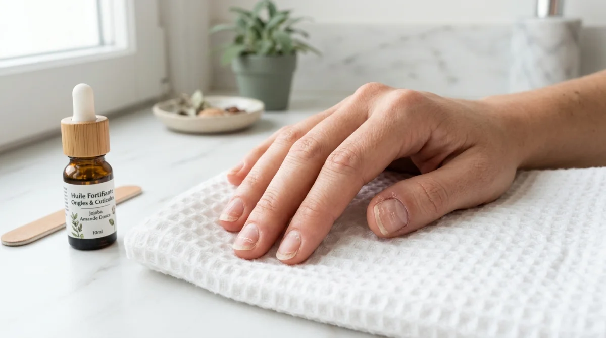 Main féminine aux ongles fragiles et dédoublés après retrait de faux ongles, illustrant pourquoi mes ongles se cassent.
