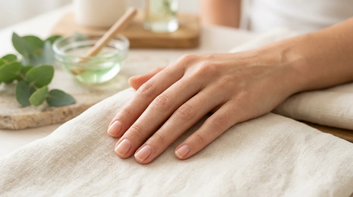 Main féminine aux ongles sains et brillants dans un décor épuré, illustrant comment éviter pourquoi mes ongles se cassent.