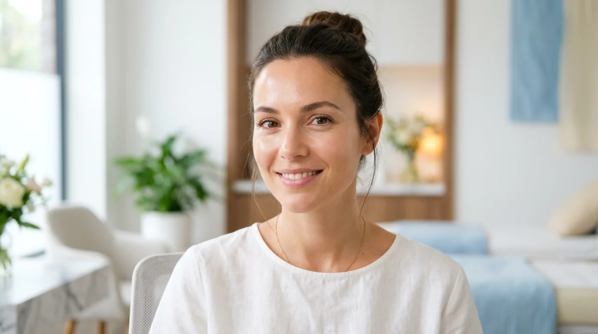 Femme au teint radieux et à la peau lisse dans un spa moderne, illustrant l'épilation au laser.