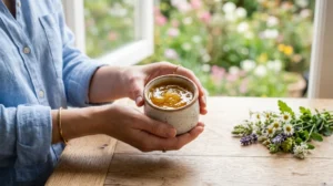 Mains tenant un mélange naturel de miel et d'huile d'olive pour arrêter de se ronger les ongles.