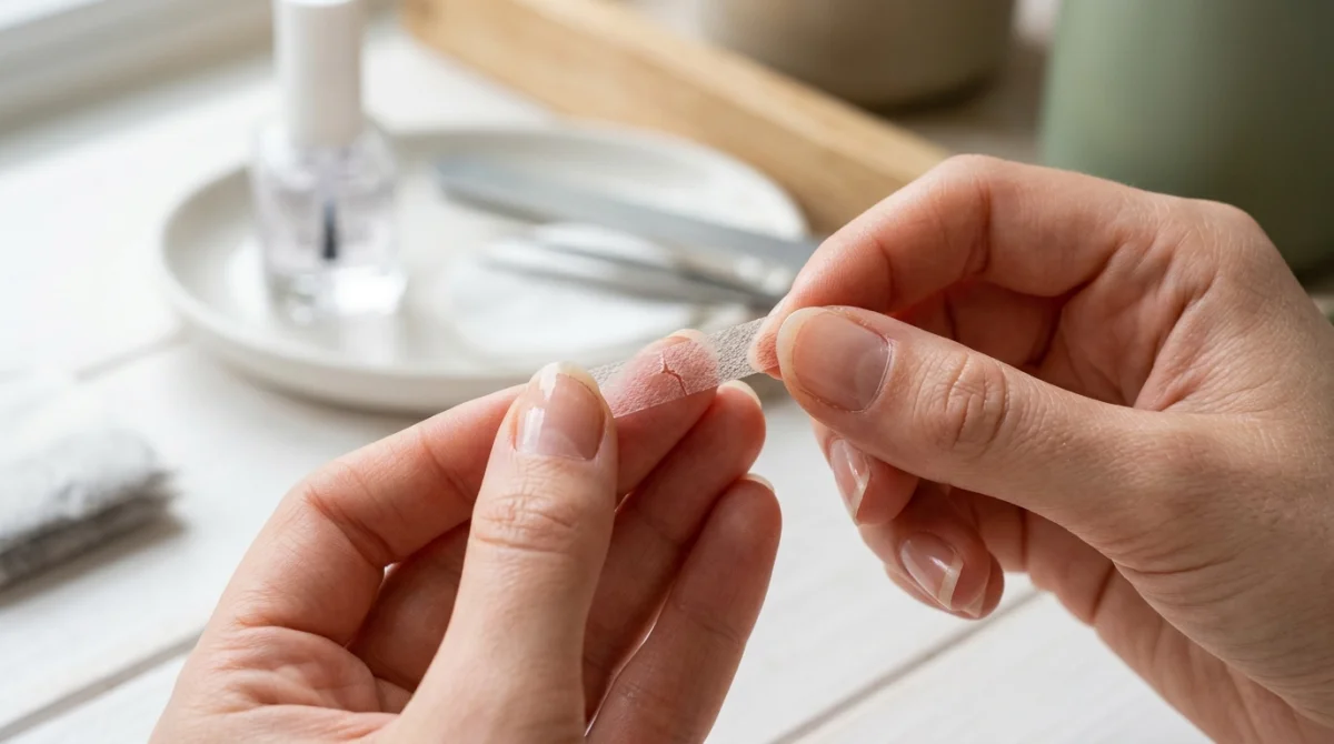 Main féminine appliquant un morceau de sachet de thé sur un ongle fissuré pour réparer une cassure.