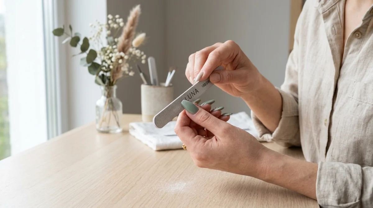 Gros plan sur des mains limant délicatement un faux ongle dans un espace épuré pour apprendre comment faire des faux ongles.