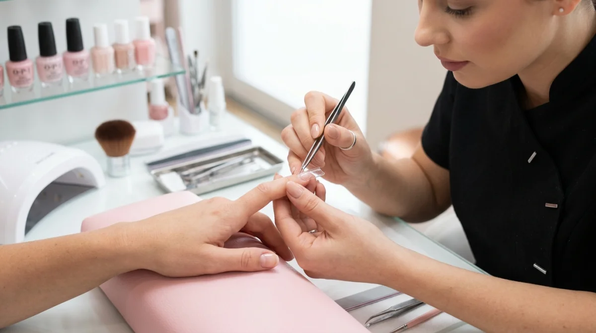 Esthéticienne professionnelle appliquant avec précision une capsule sur un ongle pour apprendre comment faire des faux ongles.