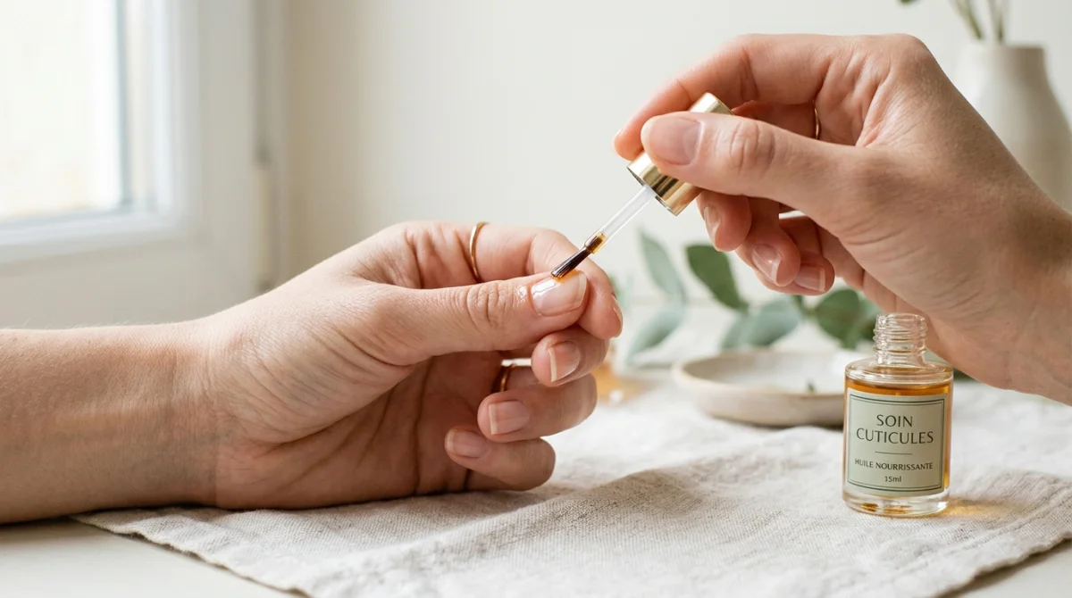Gros plan d'une main appliquant une huile nourrissante sur un ongle pour illustrer quelle huile pour les ongles choisir.