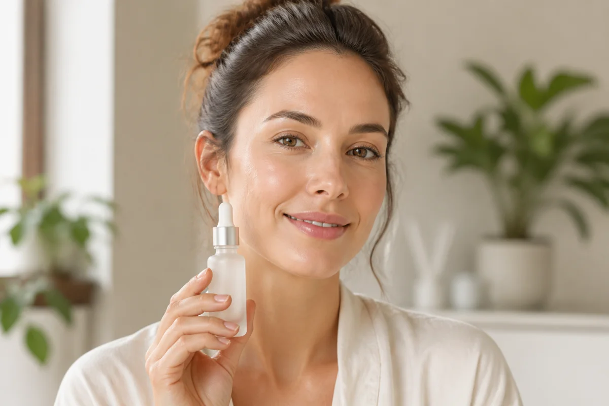 Femme rayonnante tenant un soin cosmétique épuré dans un intérieur lumineux pour illustrer notre avis sur Cénée Paris.