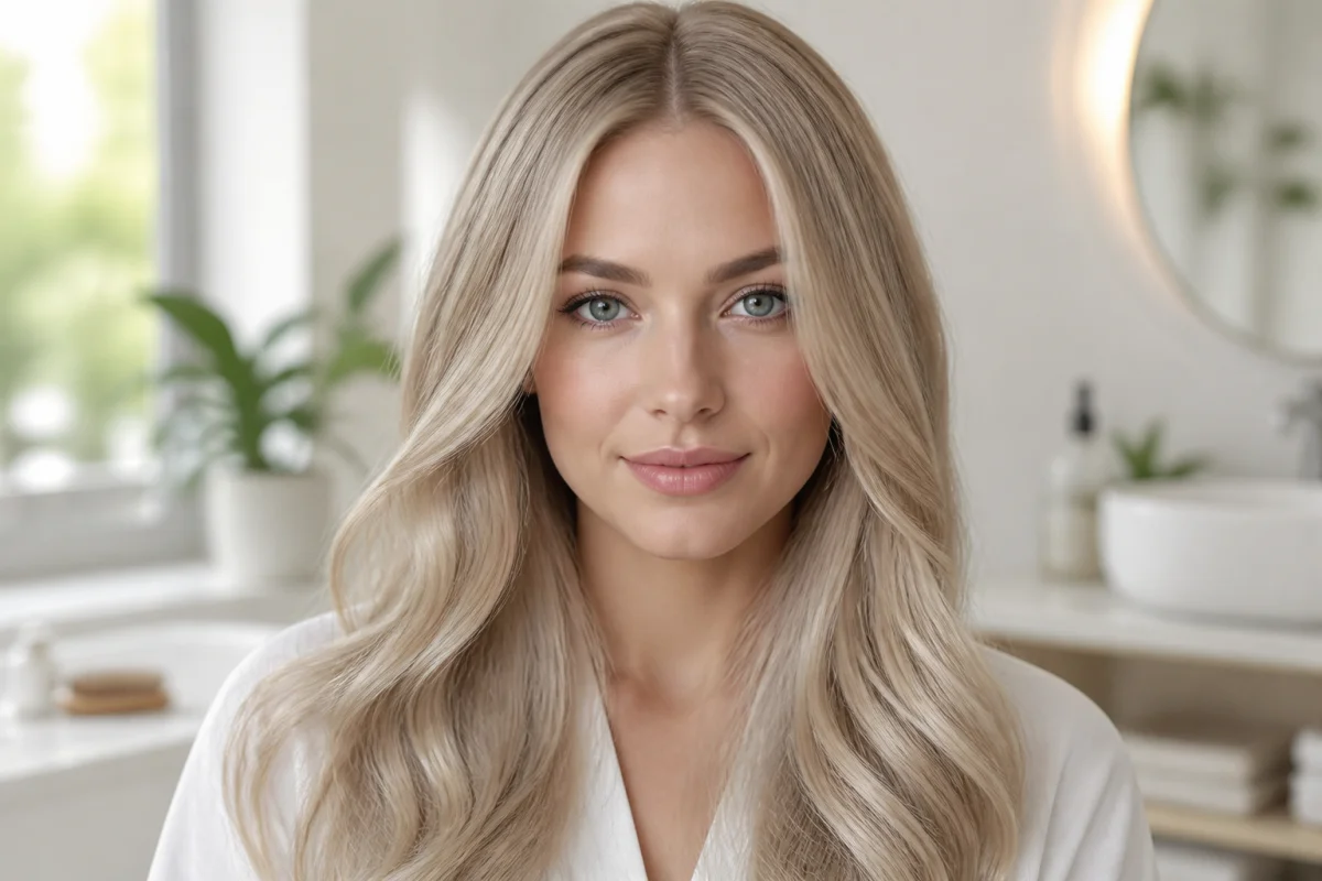 Femme aux cheveux longs blond cendré brillant et soyeux, illustrant les résultats optimaux des soins Cendree Haircare.