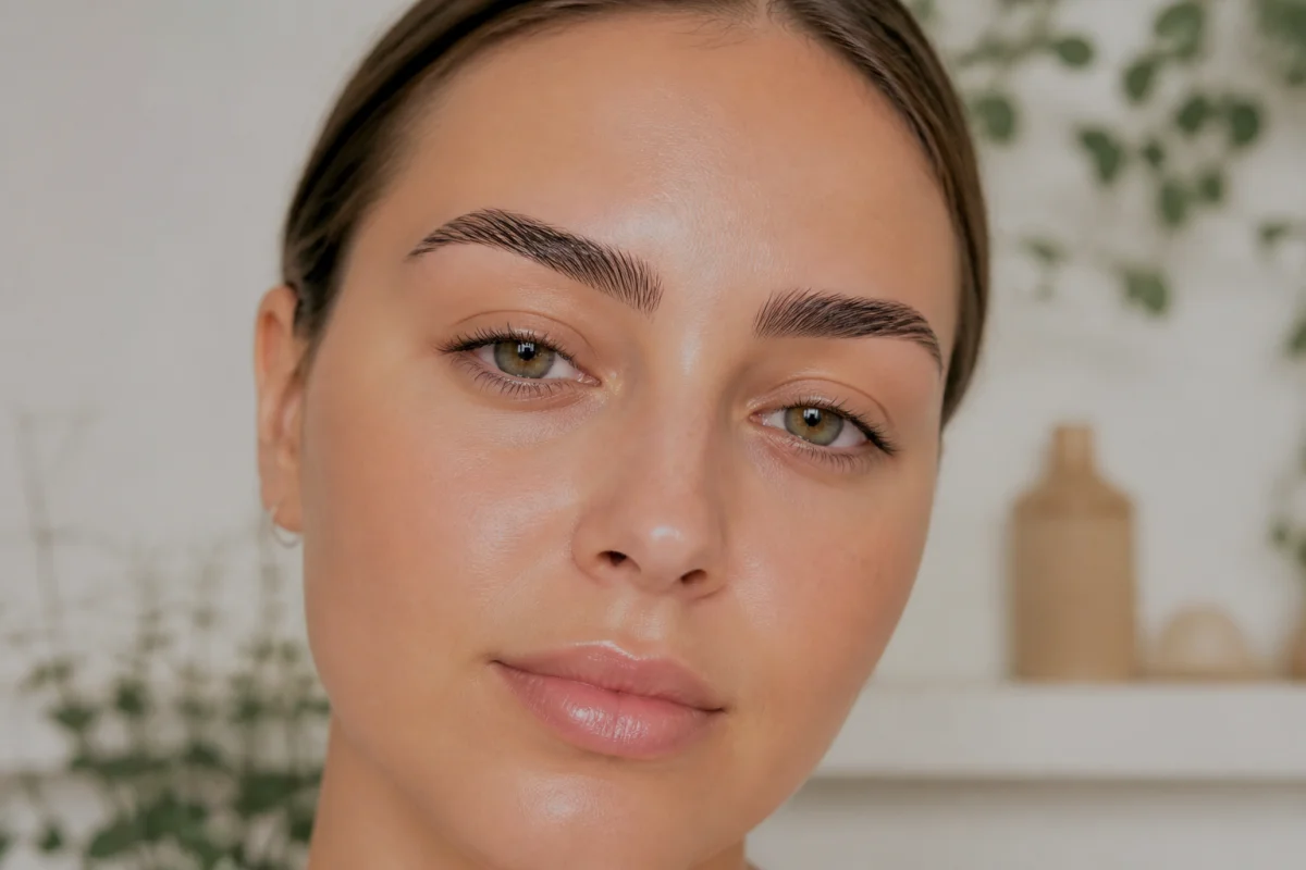 Gros plan sur un visage naturel aux sourcils parfaitement structurés et définis grâce à une cire à sourcil.