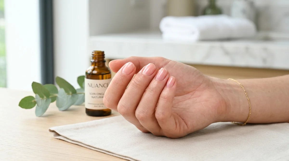 Gros plan sur une main féminine aux ongles lisses et soignés pour illustrer comment faire disparaître les stries.