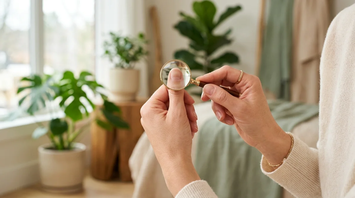 Main féminine examinant une strie sur un ongle naturel à la loupe pour illustrer comment faire disparaître les stries.