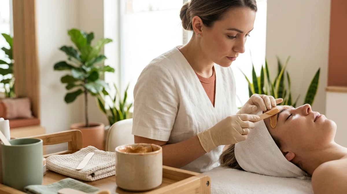 Esthéticienne professionnelle appliquant de la cire chaude dans un institut moderne pour une épilation longue durée.