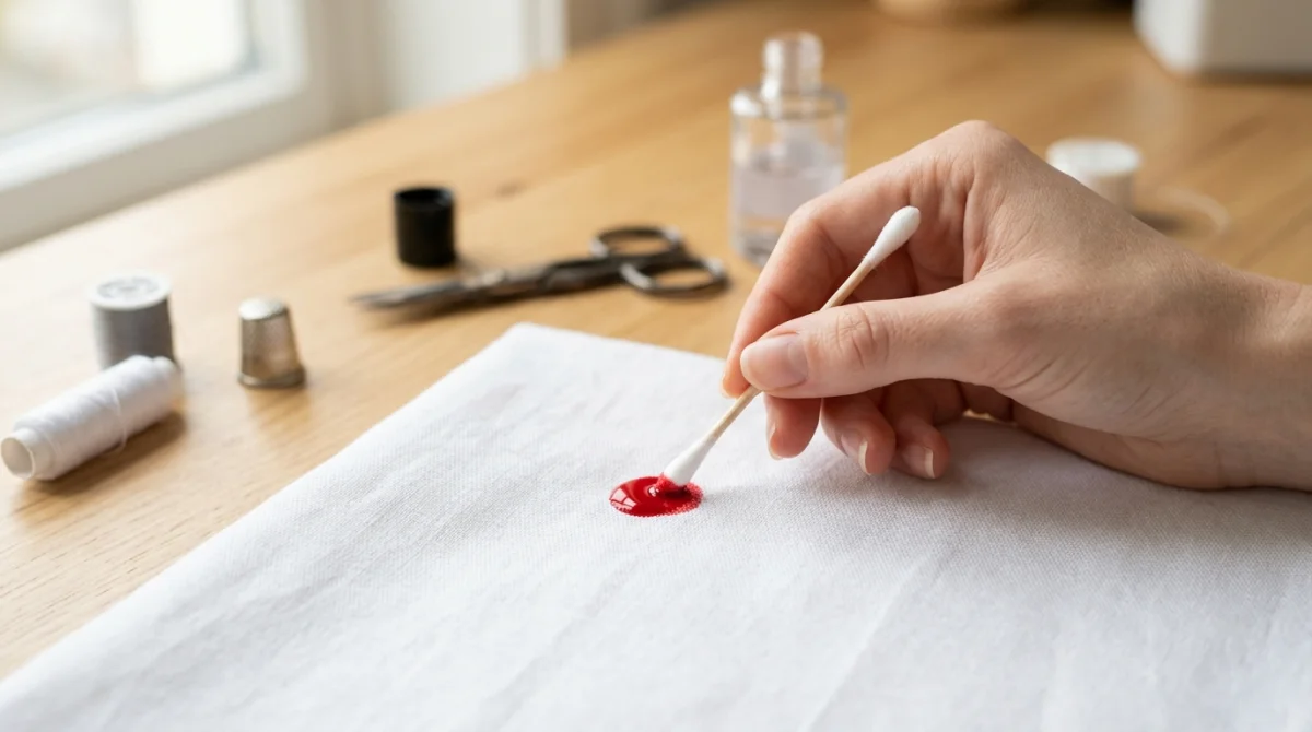 Gros plan d'un coton-tige enlevant délicatement une tache de vernis rouge sur un vêtement en coton blanc.