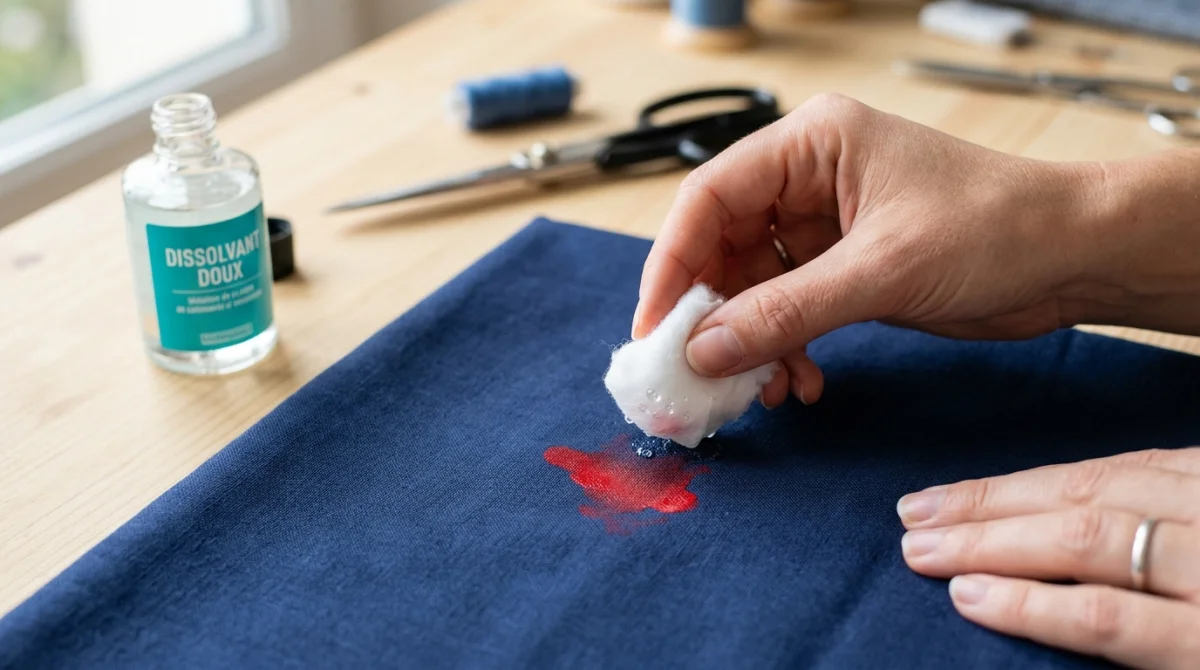 Main tenant un coton imbibé de dissolvant pour enlever une tache de vernis sur un vêtement bleu marine.
