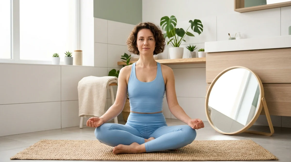 Femme en tenue de sport utilisant un miroir pour s'épiler le sillon interfessier dans une salle de bain moderne.