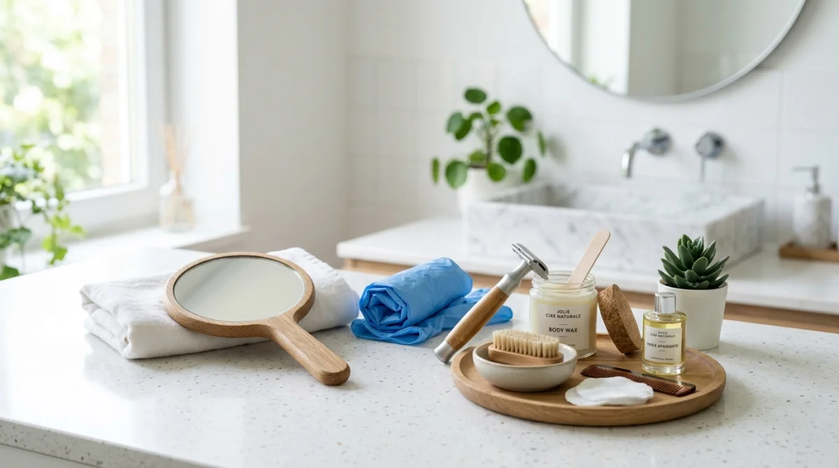 Kit d'accessoires pour s'épiler le sillon interfessier soi-même disposé sur un plan de travail de salle de bain.
