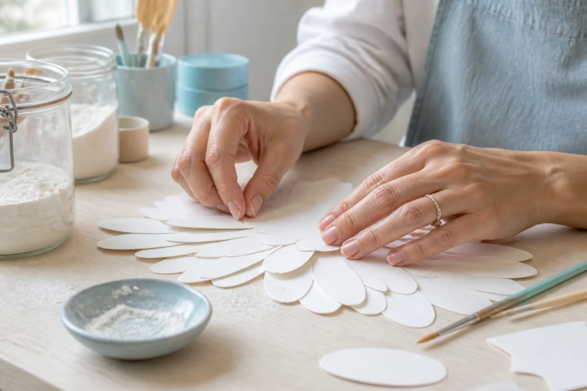 Mains travaillant minutieusement sur des gabarits en papier pour apprendre comment fabriquer des faux ongles chez soi.