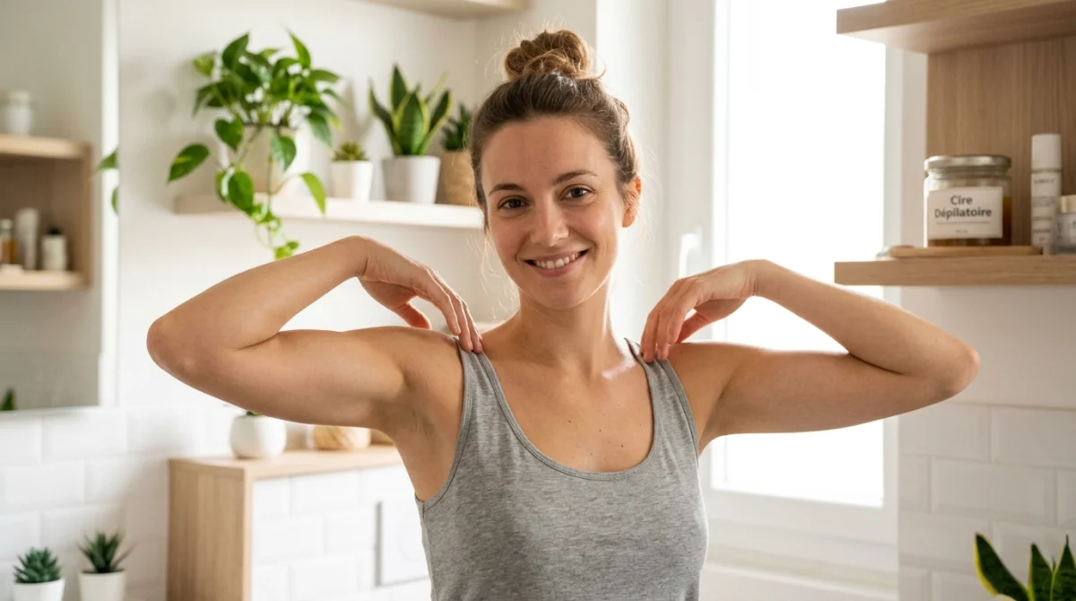 Femme souriante dans une salle de bain lumineuse montrant des aisselles parfaitement épilées et soignées.