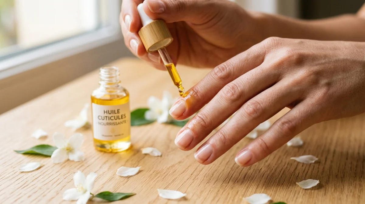 Main féminine appliquant une huile nourrissante sur les cuticules pour illustrer quelle huile pour les ongles choisir.