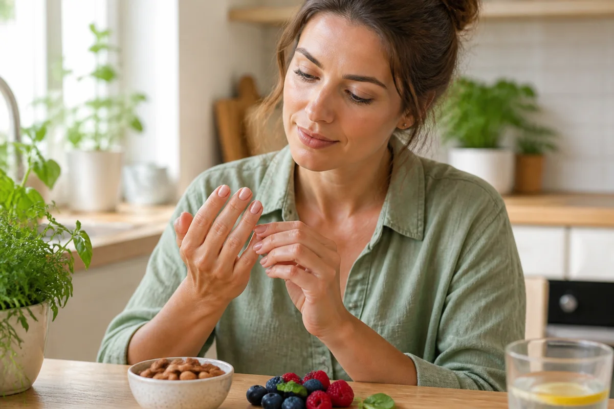 Femme examinant ses ongles naturels dans une cuisine lumineuse, illustrant quelle vitamine pour les ongles favoriser.