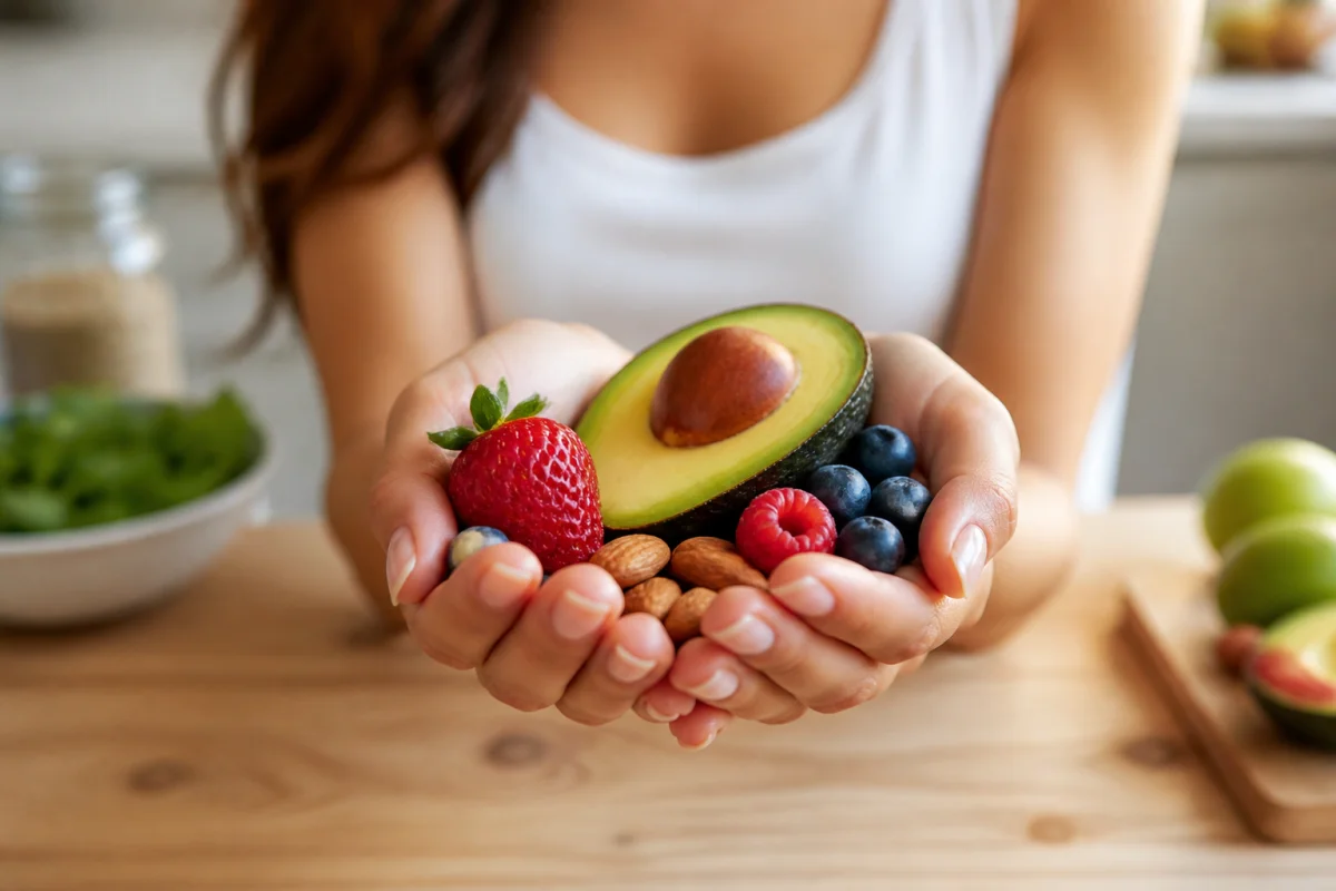 Jeune femme tenant des fruits et noix frais, illustrant quelle vitamine pour les ongles favoriser pour une santé naturelle.