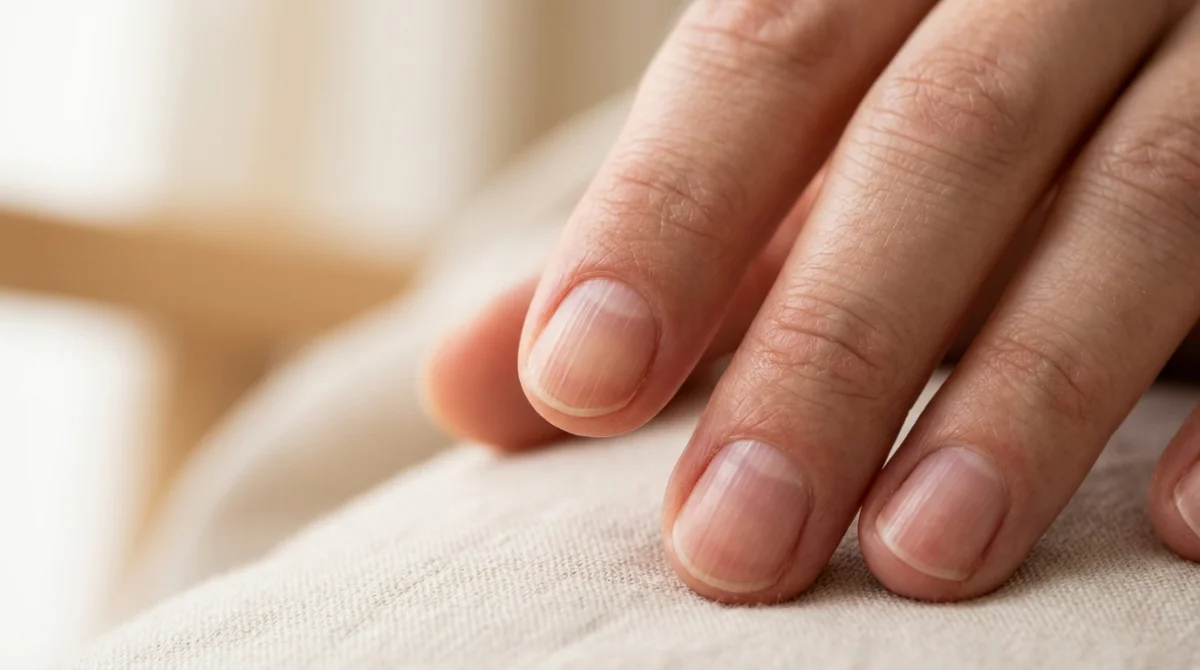 Gros plan macro sur des ongles naturels présentant des stries longitudinales et horizontales pour illustrer pourquoi les ongles sont striés.