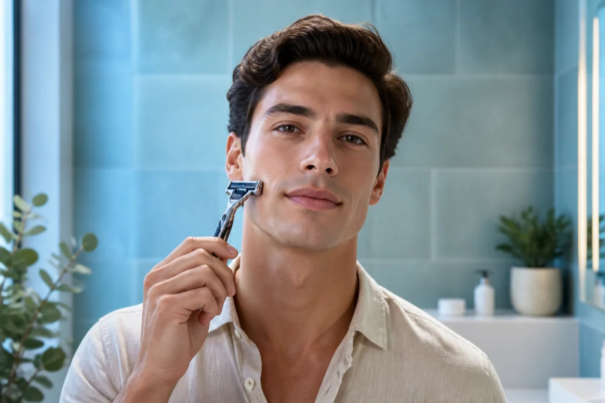 Personne utilisant un rasoir manuel dans une salle de bain moderne pour se préparer avant une épilation laser.
