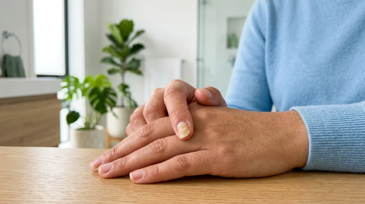 Gros plan sur une main montrant des taches blanches et un épaississement de l'ongle, signe d'une mycose unguéale.