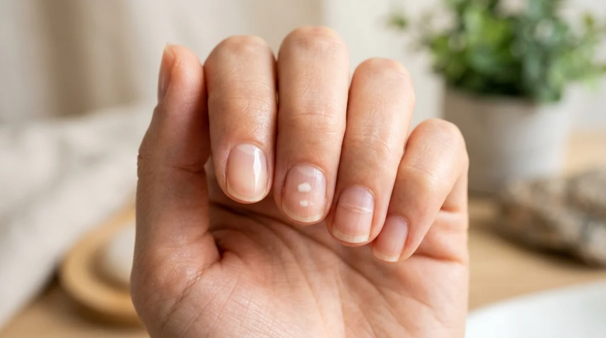 Gros plan sur des doigts présentant des taches blanches et stries sur les ongles pour illustrer pourquoi j'ai des taches blanches.