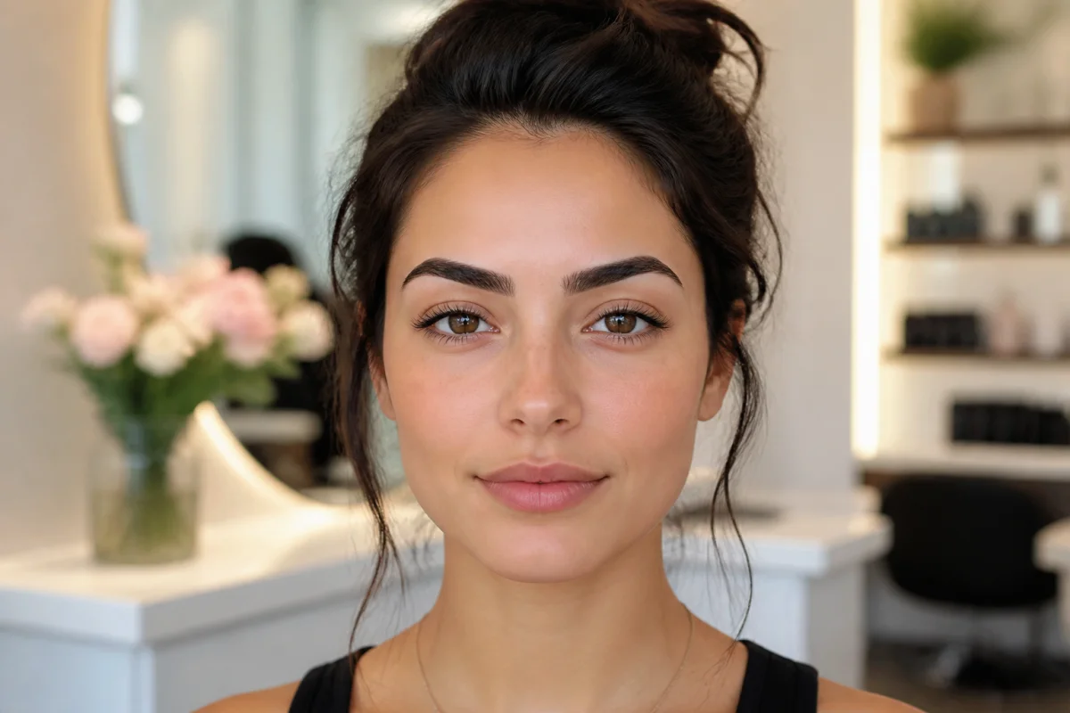 Gros plan sur le visage d'une femme aux sourcils parfaitement dessinés et soignés dans un salon de beauté.