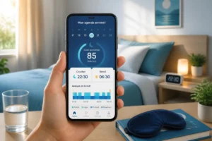 Smartphone affichant un agenda du sommeil avec horaires de coucher et réveil, dans une chambre paisible