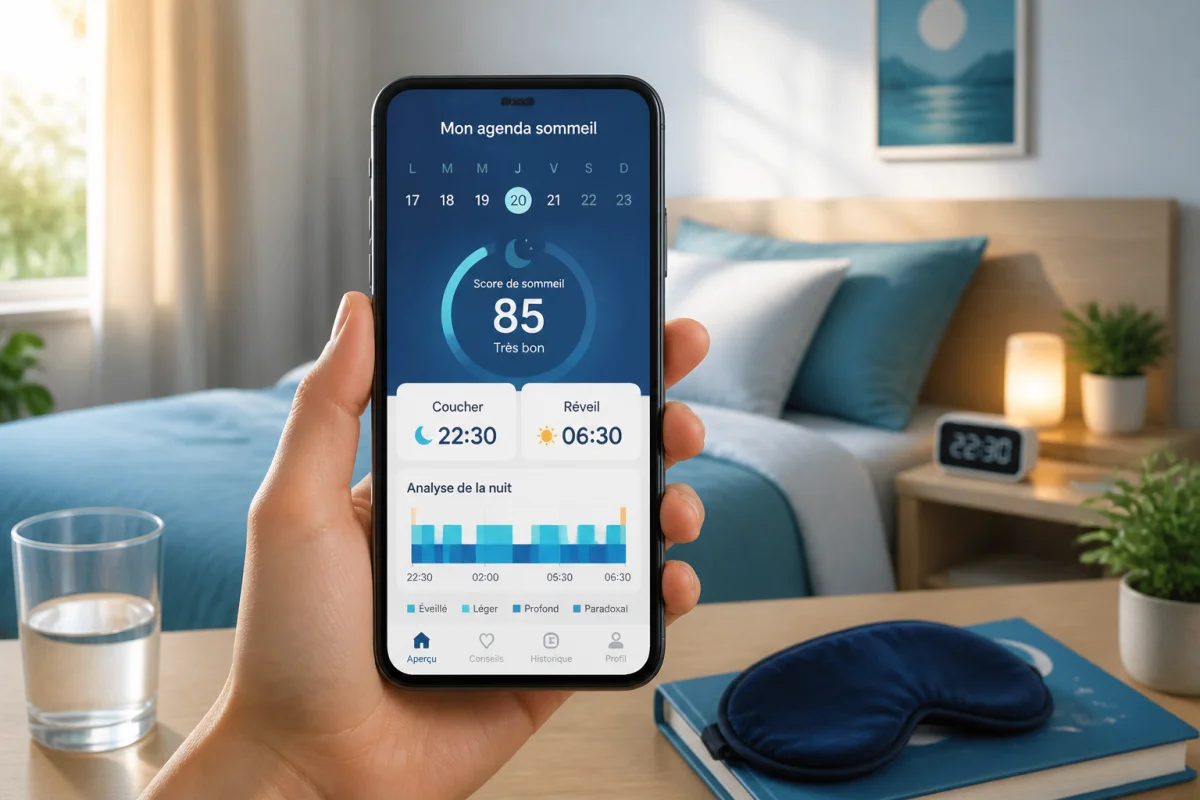 Smartphone affichant un agenda du sommeil avec horaires de coucher et réveil, dans une chambre paisible