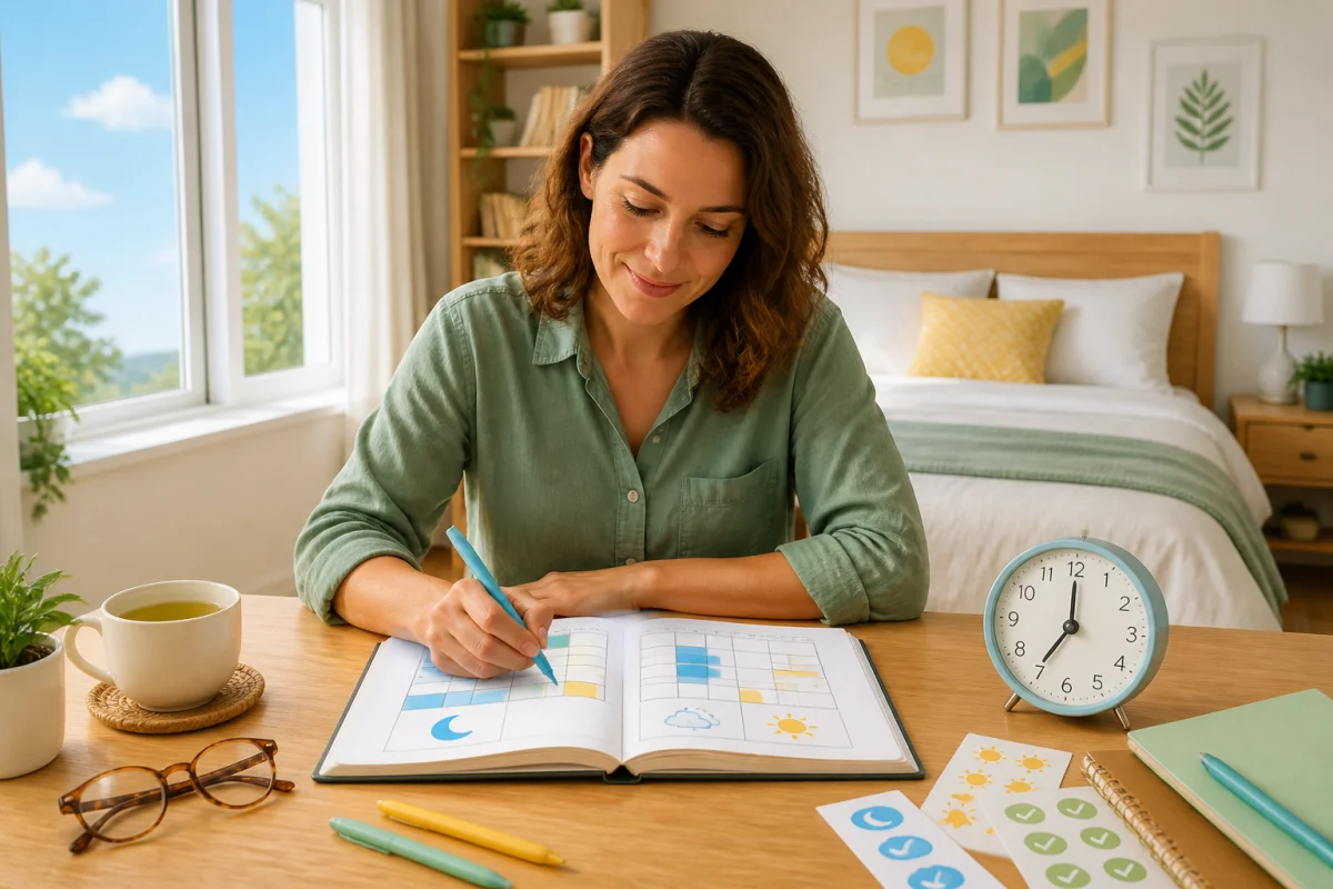 Adulte serein remplissant un agenda du sommeil dans une chambre lumineuse, avec horloge, tisane et accessoires matinaux