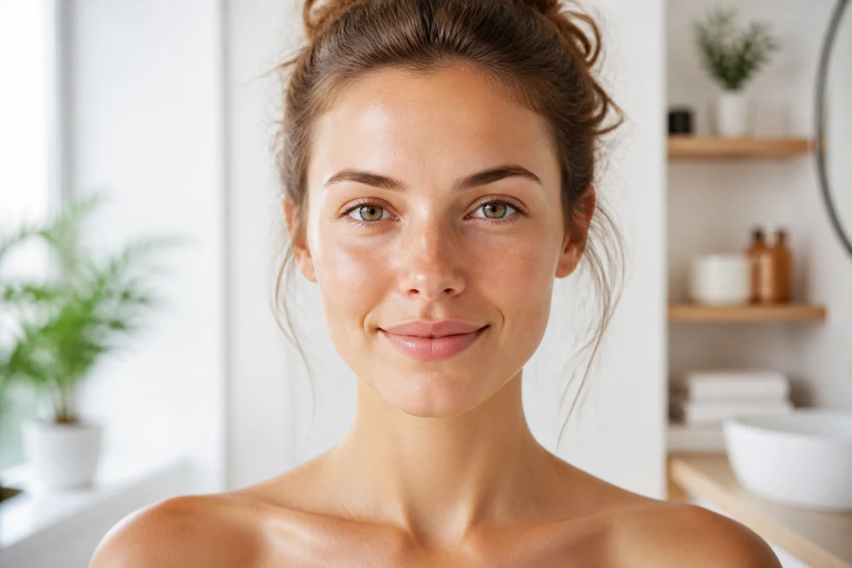 Portrait d'une femme au visage lisse et radieux après un soin par lumière pulsée pour le visage.