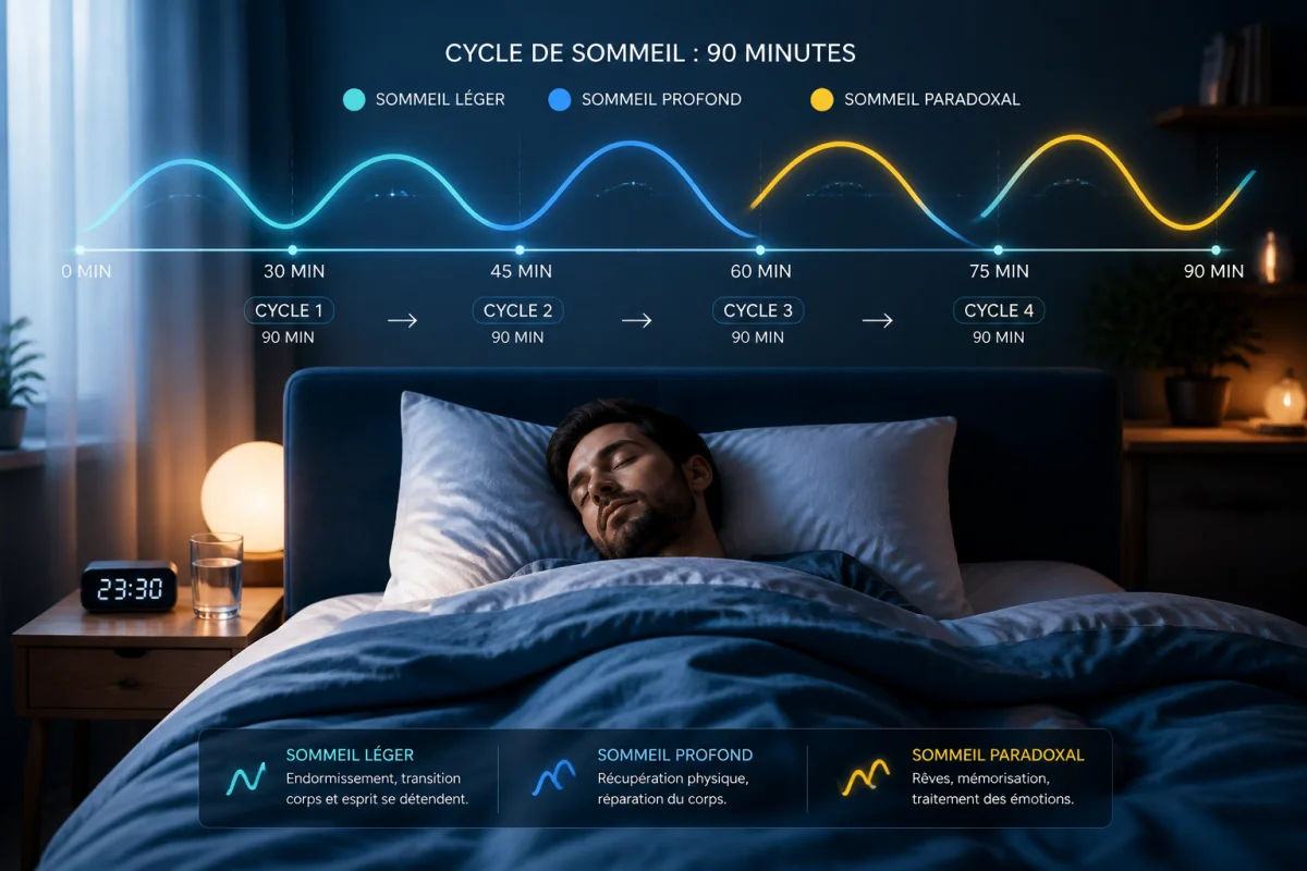 Personne endormie paisiblement, illustrant les phases successives d’un cycle sommeil de 90 minutes dans une chambre calme