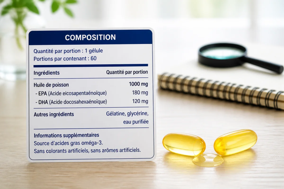 Gélule de complément alimentaire oméga 3 ouverte près d’une étiquette indiquant les teneurs en EPA, DHA et huile de poisson