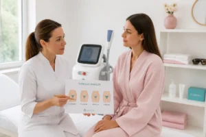 Patiente échangeant avec une professionnelle sur la durée d’une séance d’épilation laser du maillot en clinique esthétique