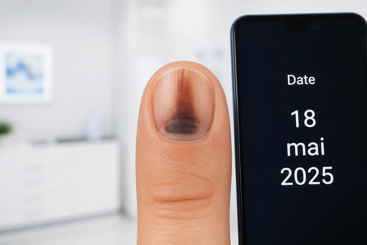 Ongle noir avec pigmentation sombre persistante et irrégulière, photographié à côté d’un smartphone affichant une date