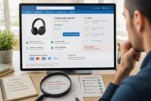 kvvoi arnaque : personne vérifiant une boutique en ligne générique, badges de sécurité et incohérences révélées par une loupe.
