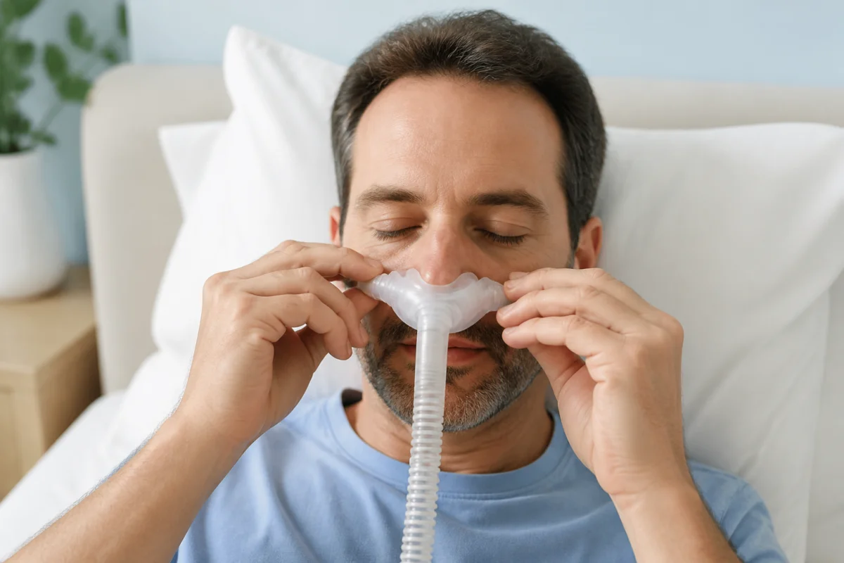 Adulte ajustant un masque d’apnée du sommeil sans harnais, allongé dans une chambre lumineuse et apaisante