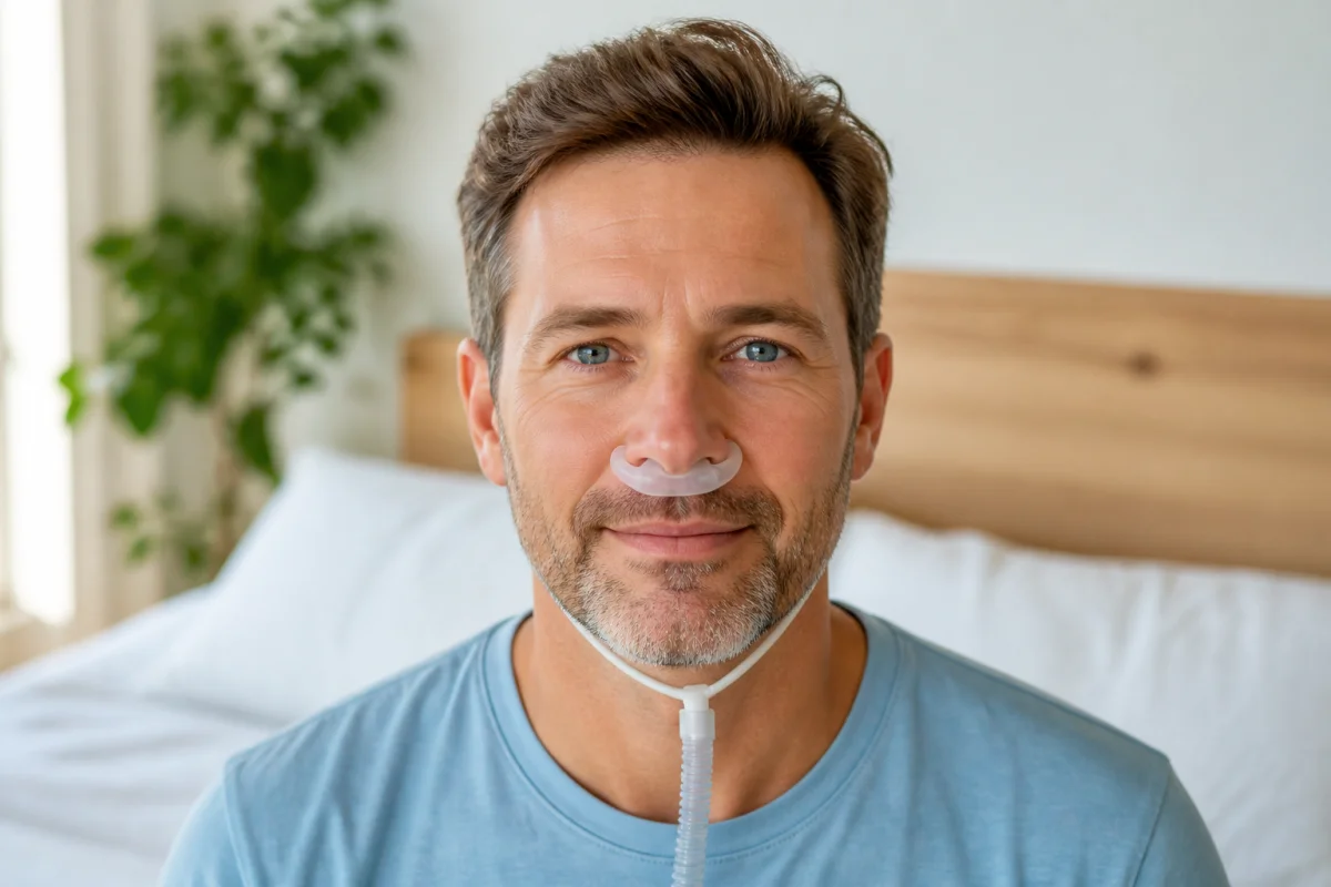 Adulte portant un masque narinaire d’apnée du sommeil sans harnais visible, dans une chambre lumineuse et sereine