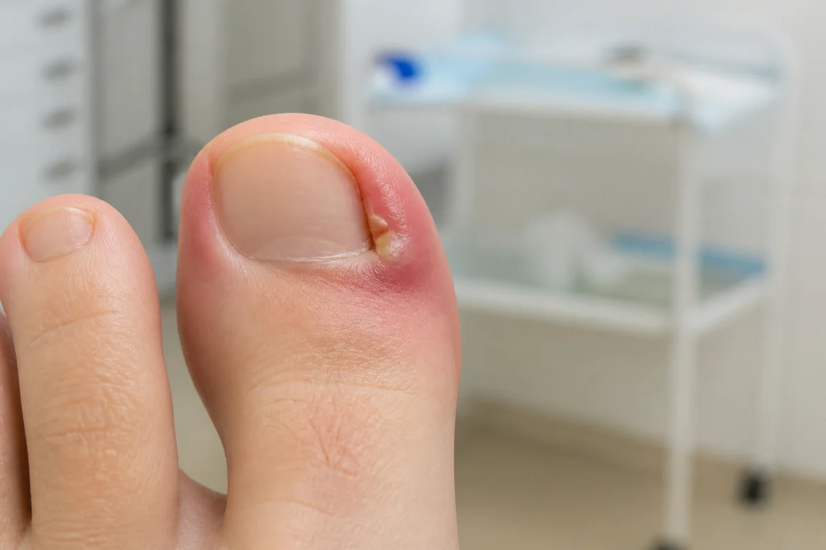 Gros orteil présentant un ongle incarné rouge et gonflé, à qui consulter pour un ongle incarné
