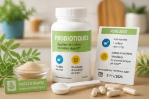 Flacon de probiotique pour intestins avec capsules, cuillère doseuse, indications de dosage et fibres prébiotiques en cuisine lumineuse.
