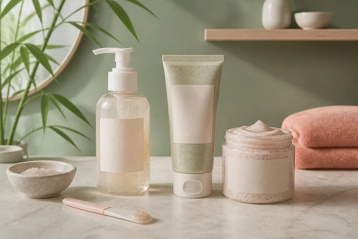 Pure Korean exfoliant avis : gamme de soins exfoliants coréens présentée dans une salle de bains moderne apaisante