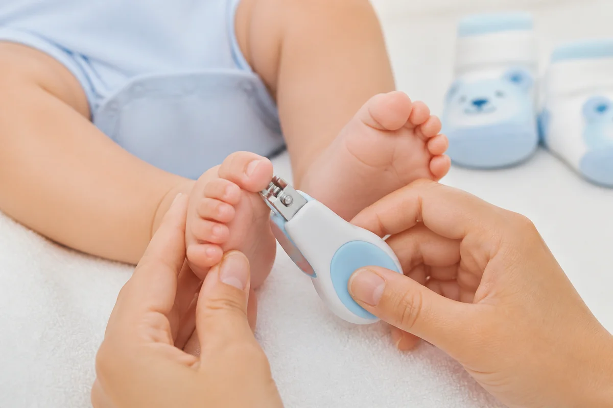Adulte coupant soigneusement l’ongle d’orteil d’un bébé avec un coupe-ongles adapté, sans risque