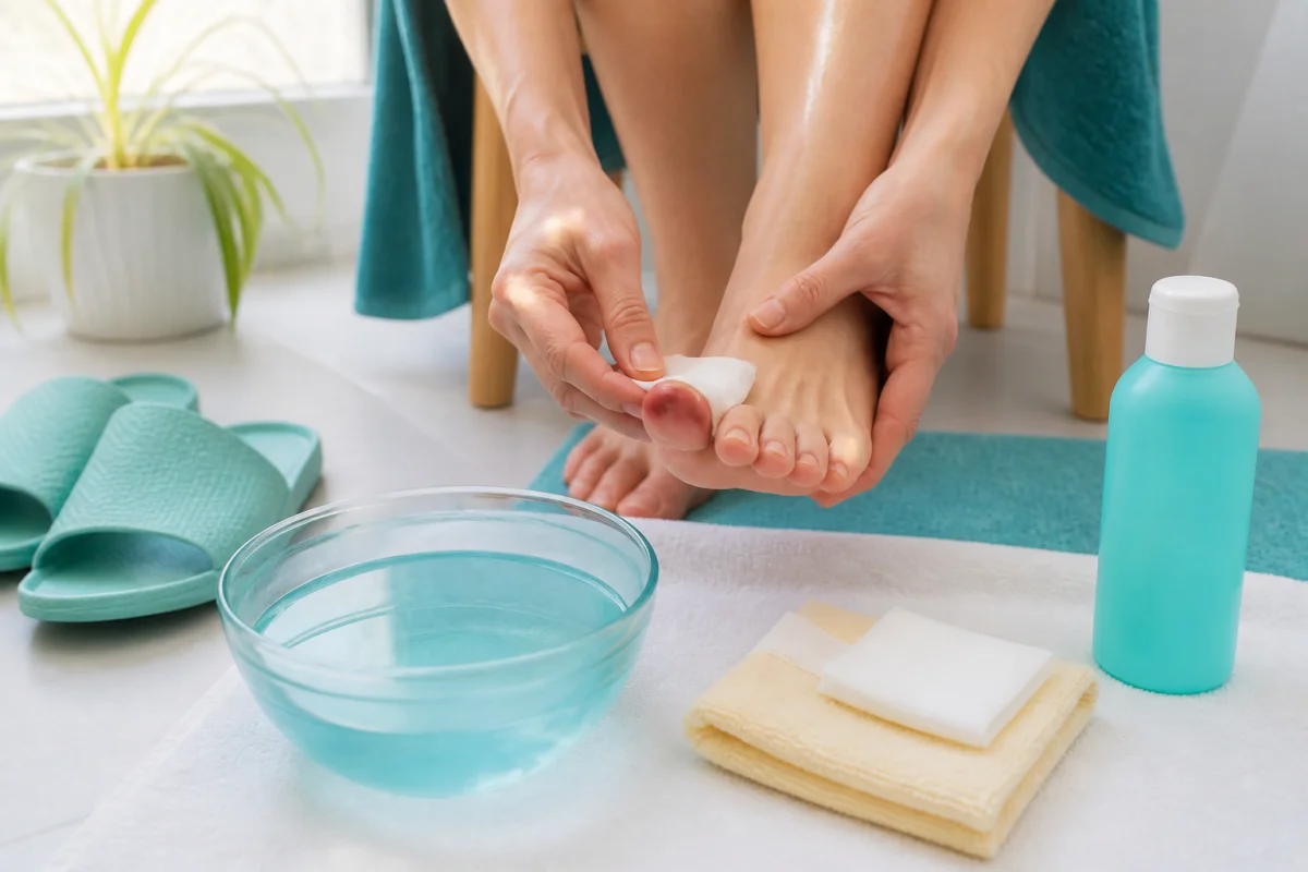 Personne montrant un orteil légèrement rouge avec un ongle incarné avant une consultation médicale