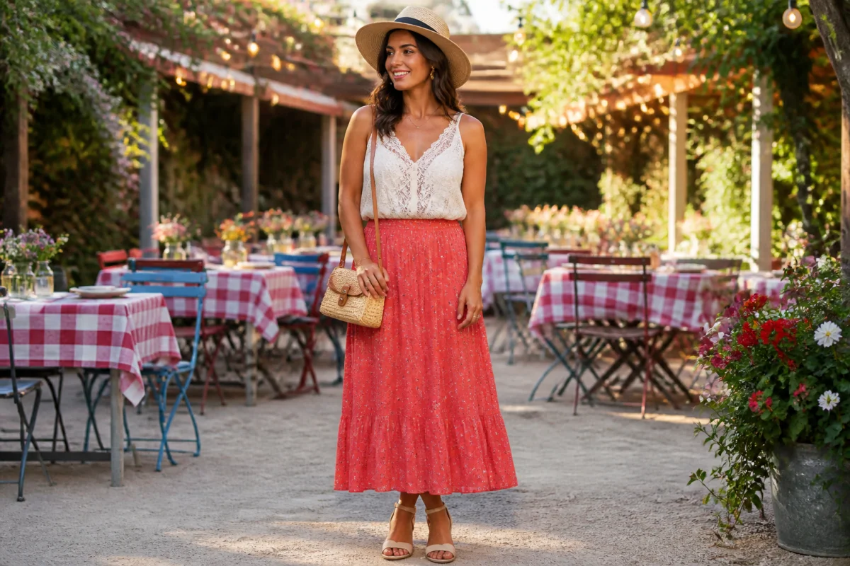 Femme portant une tenue guinguette femme élégante avec chapeau de paille, bijoux délicats et sac en osier.
