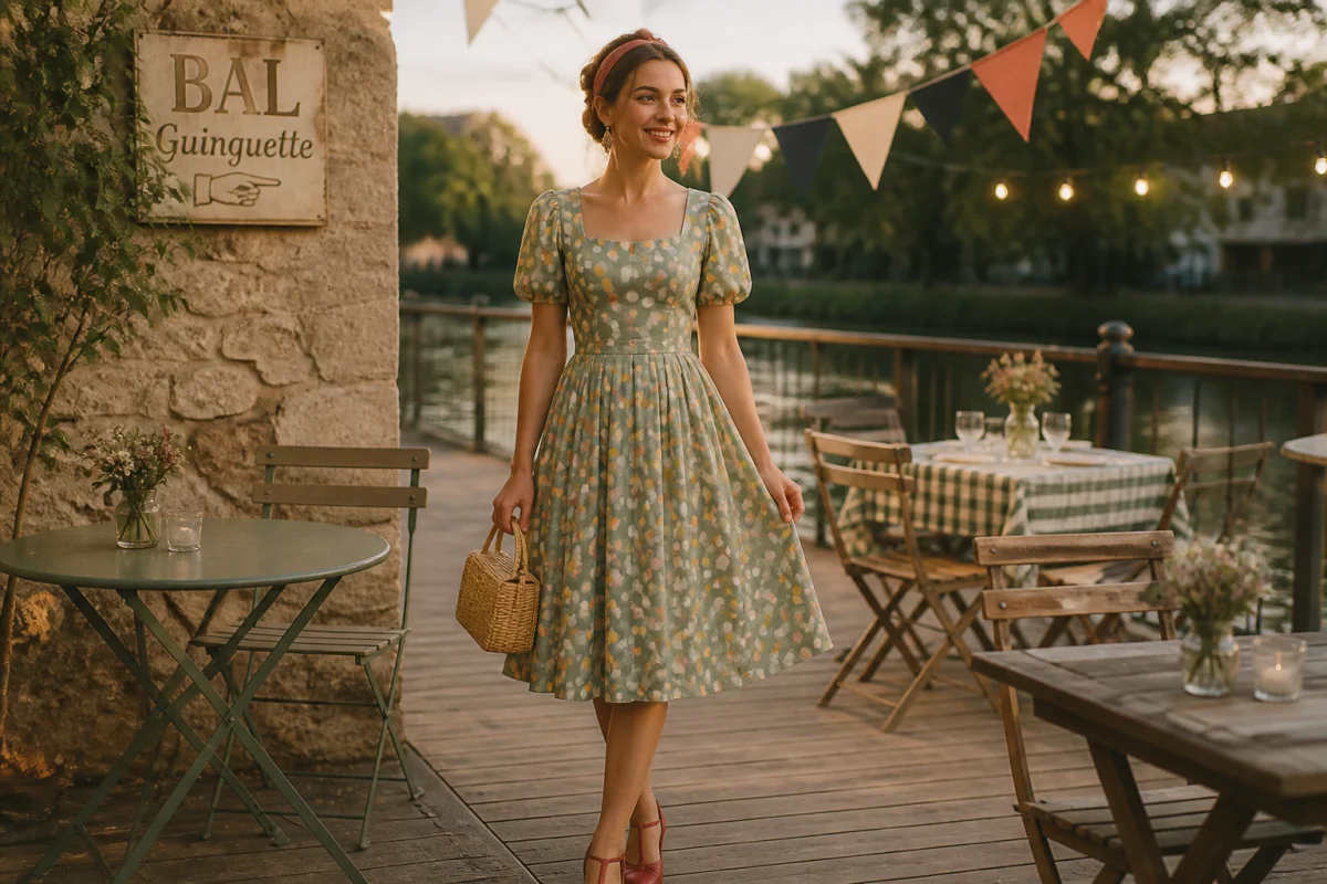 Femme portant une tenue guinguette élégante avec robe midi à pois, escarpins rétro et accessoires champêtres au bord d’une rivière