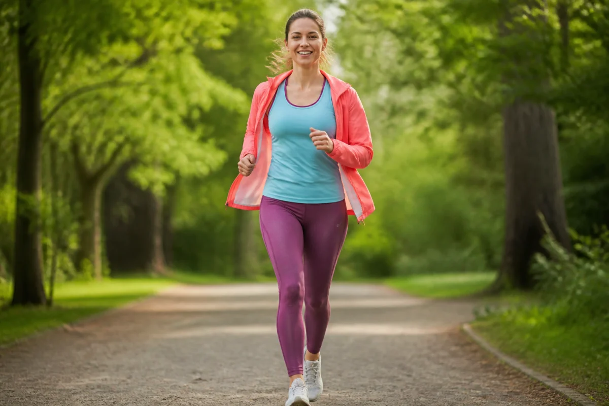 Coureuse portant une tenue running femme technique superposée, courant sur un sentier verdoyant dans une lumière matinale douce